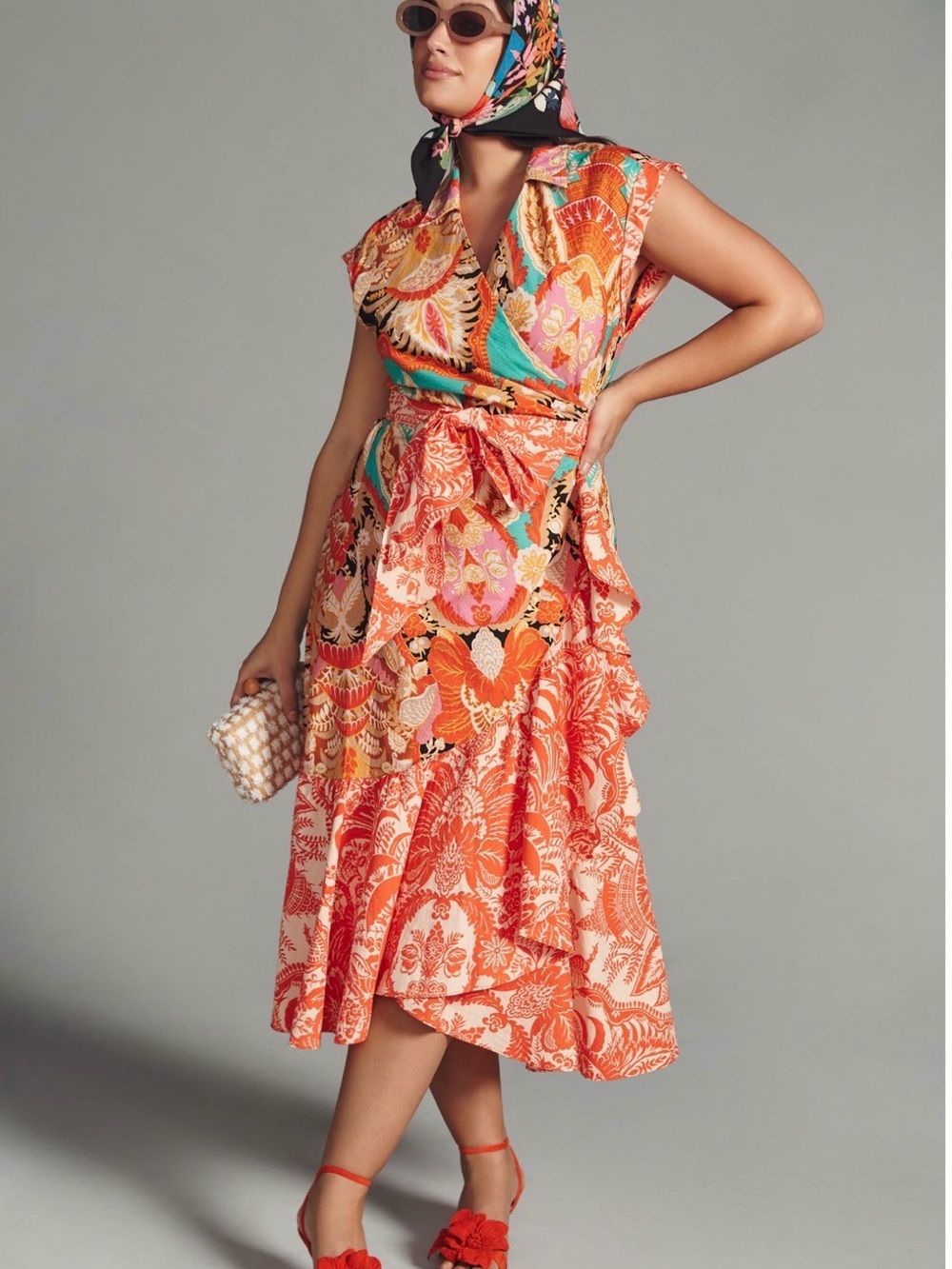 Anthropologie Orange Floral Wrap Midi Dress with Teal Accents